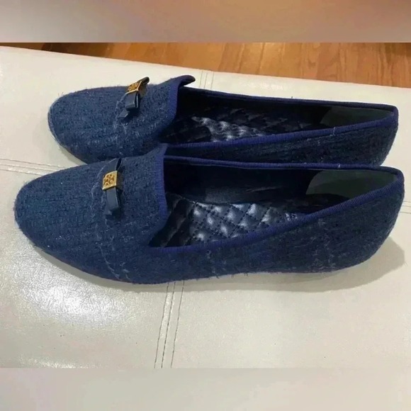 TORY Burch Chandra Tweed Navy Blue Loafers Sz 7.5 - Picture 6 of 12